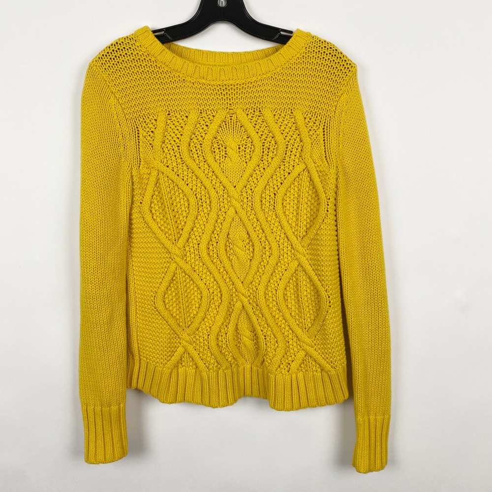 Lands End Drifter Cable Knit Cotton Pullover Sweater Women XS Mustard Yellow